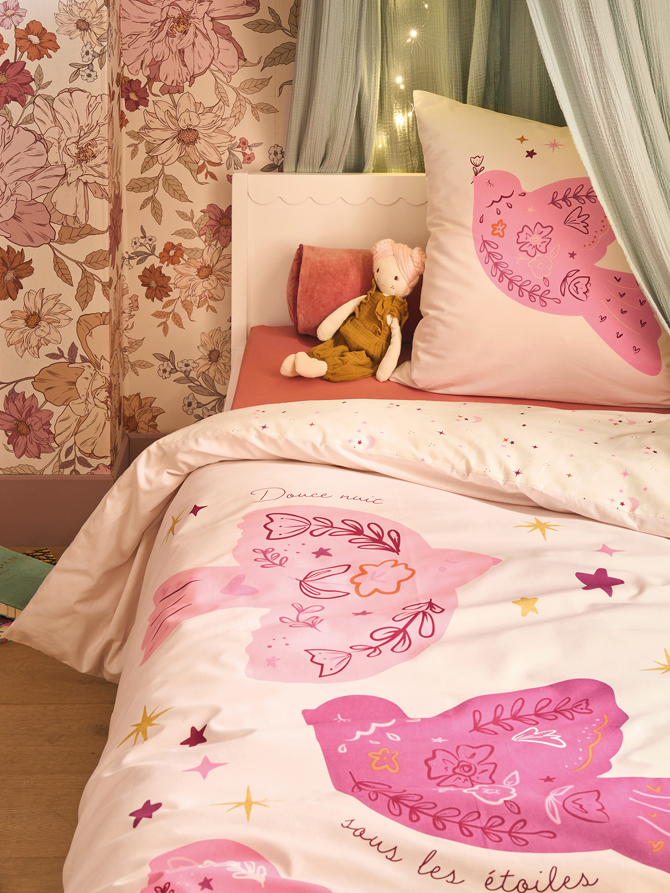 Parure housse de couette + taie d'oreiller réversible BIRDY, avec coton recyclé, VERTBAUDET