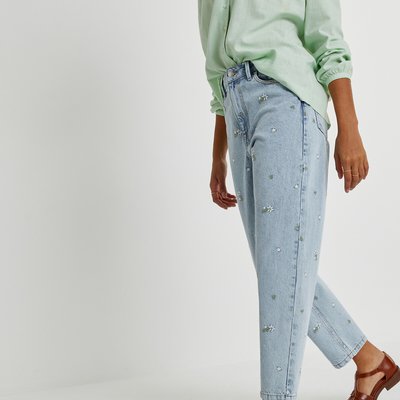 Embroidered Flower Mom Jeans with High Waist, Length 26" LA REDOUTE COLLECTIONS