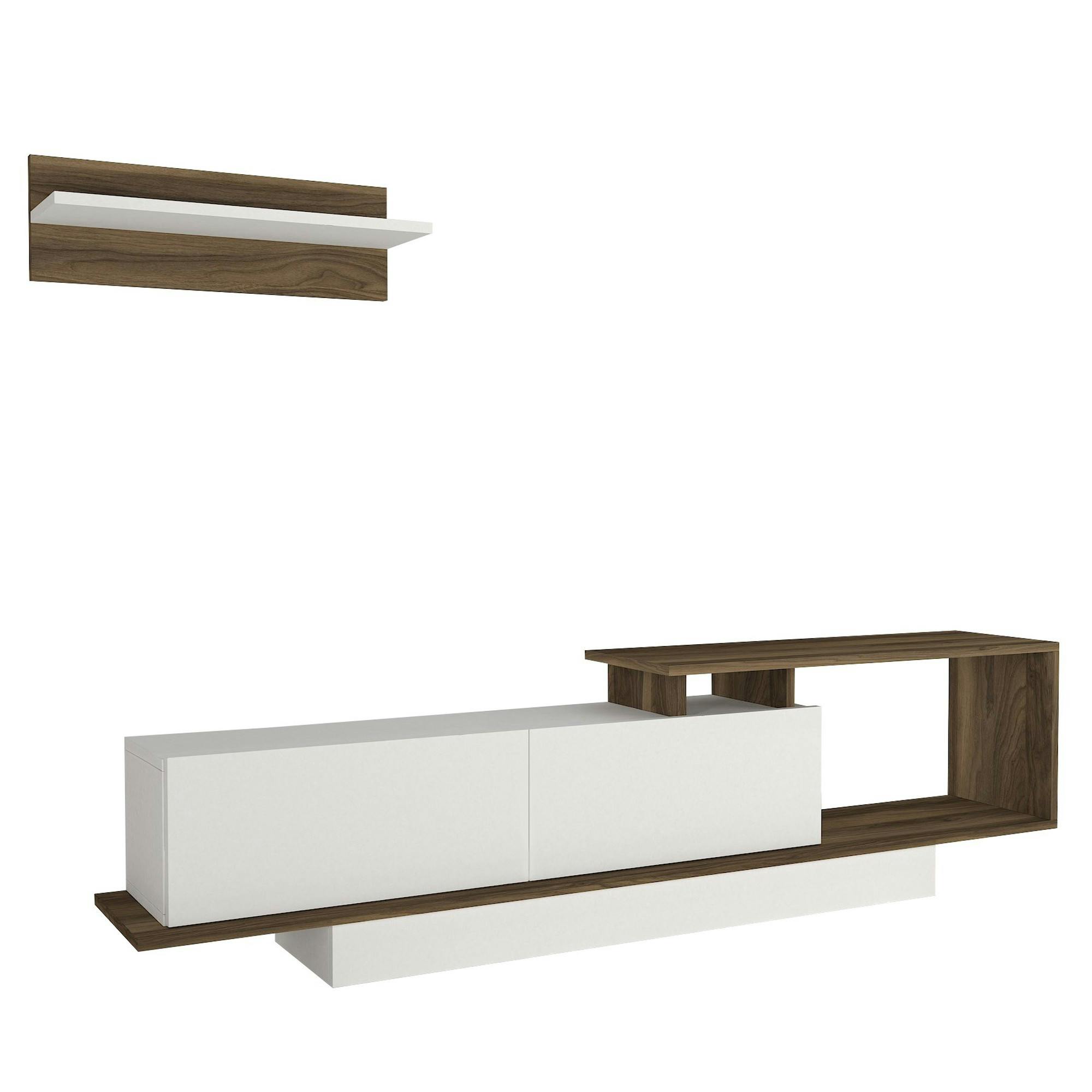 Banc TV design blanc & effet noyer avec étagère MARFA, PIER IMPORT