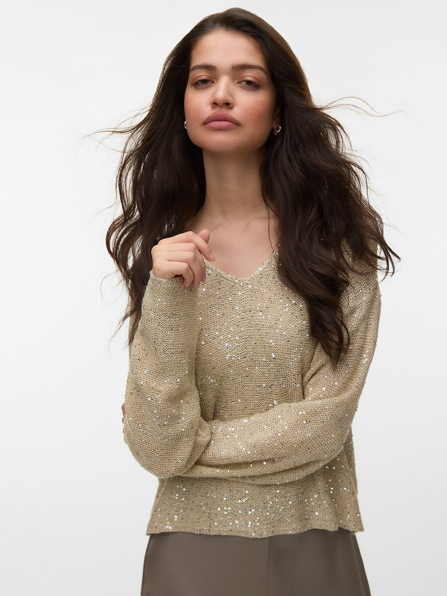 Pull scollo a V e paillettes, VERO MODA