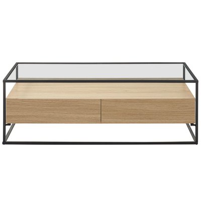 Table basse rectangulaire 2 tiroirs verre trempé, bois clair finition  et métal  FINN MILIBOO