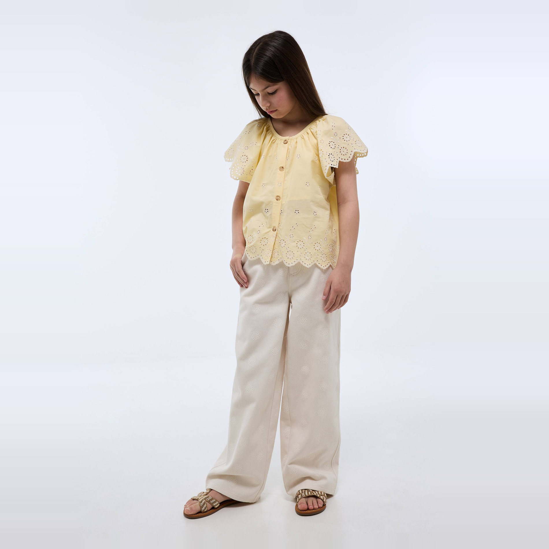 Pantalon brodé en coton, MONOPRIX