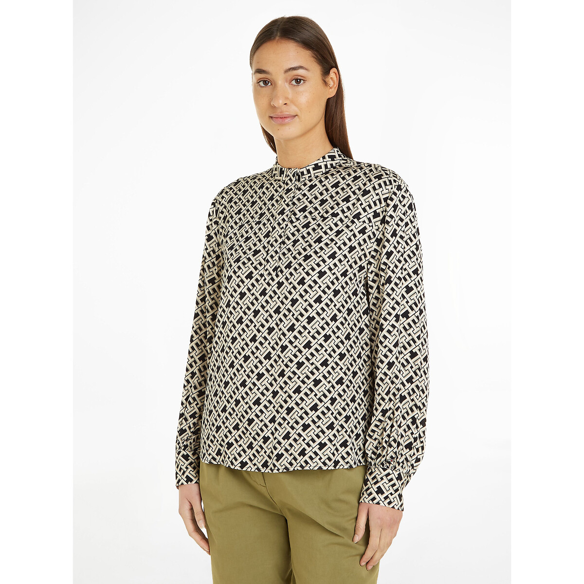 Monogram Print Blouse with Long Sleeves