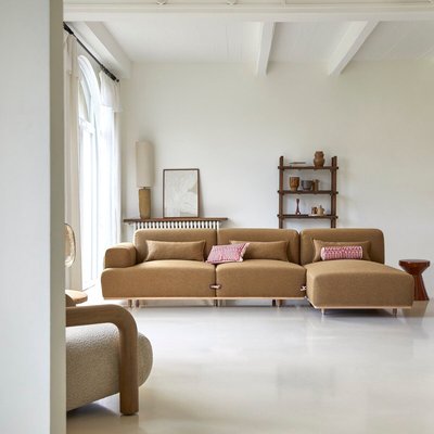Canapé d'angle droit en tissu marron et chêne 295 x 170 cm, 3 places DUFFLE TIKAMOON