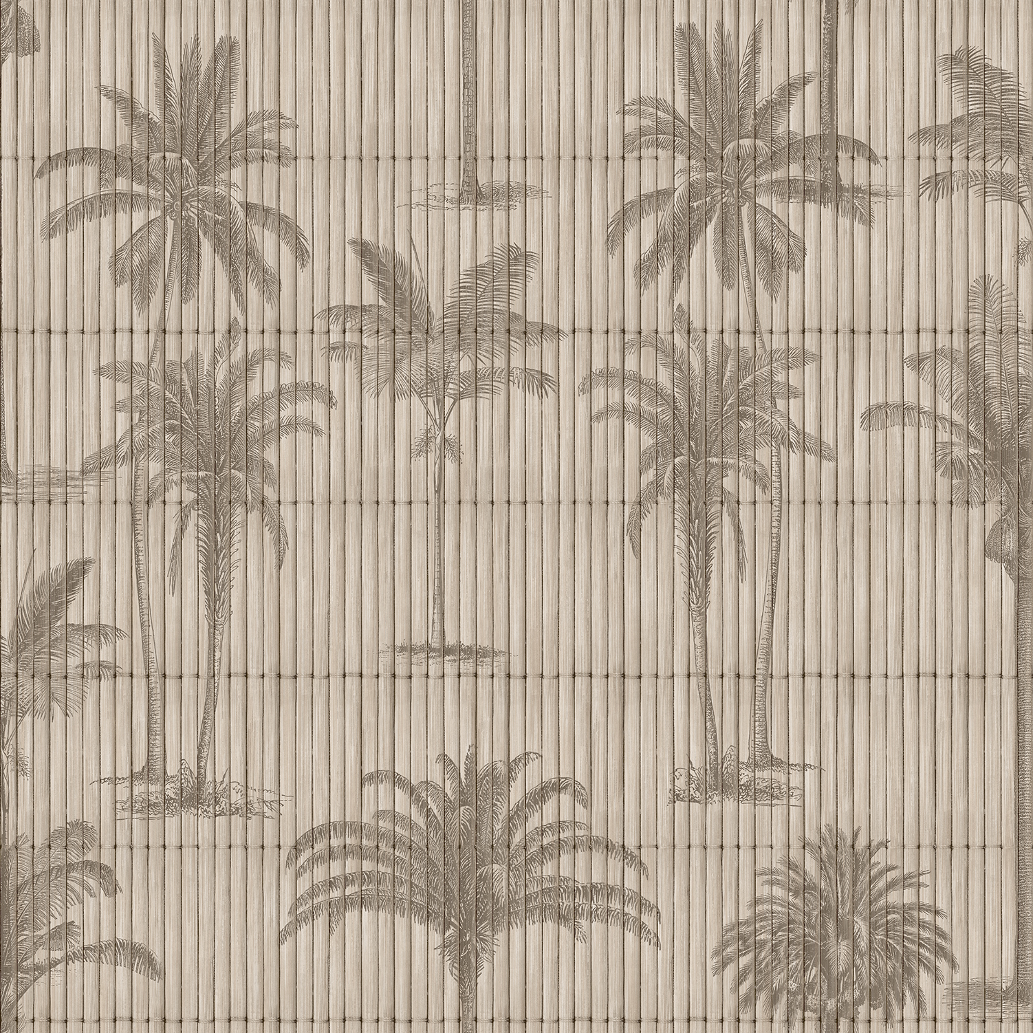 Papier peint palmiers gravés fond bambou naturel, HEXOA
