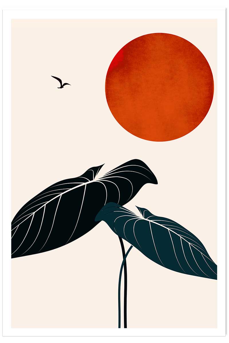Affiche fleurs ""Monstera au soleil rouge"", HEXOA