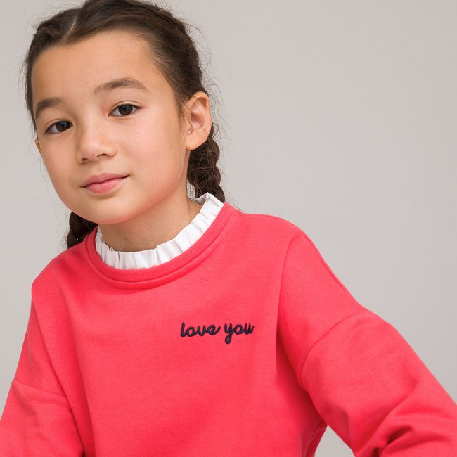 Embroidered Slogan Overlay Sweatshirt in Cotton Mix, coral, LA REDOUTE COLLECTIONS