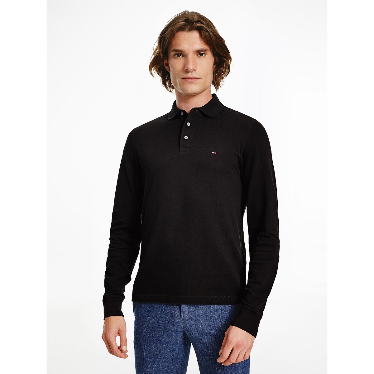 Image of 1985 Cotton Polo Shirt in Slim Fit with Long Sleeves