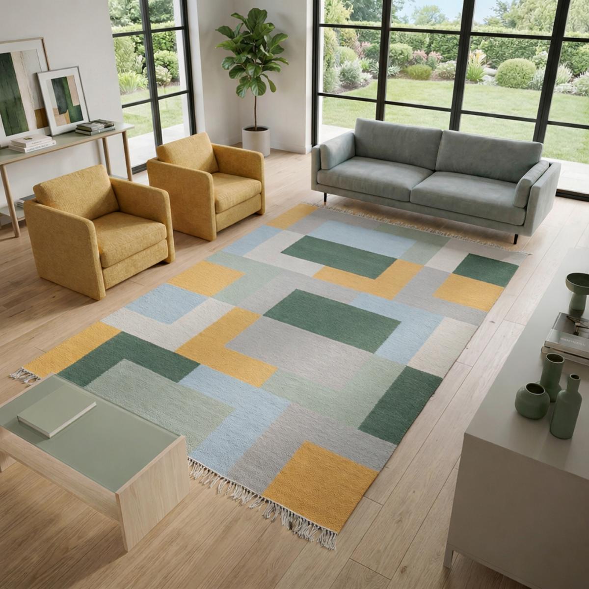 Tapis kilim TETRIS, fait main en laine motif géométrique, UN AMOUR DE TAPIS