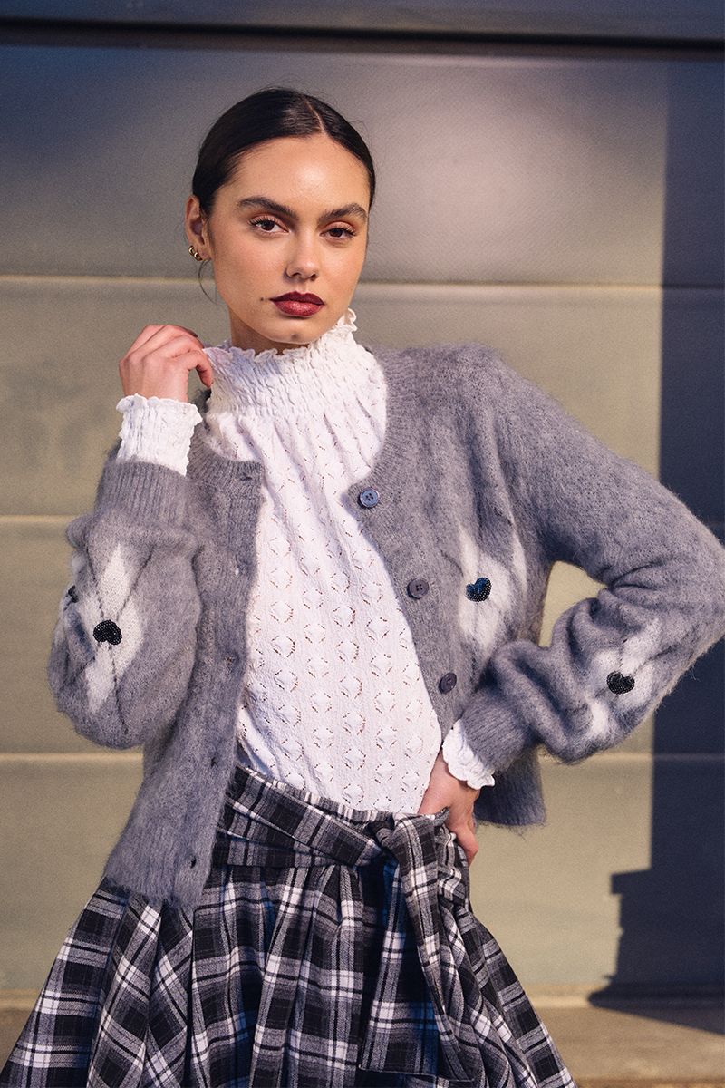 Cardigan à carreaux et cœurs, effet brossé, LILI SIDONIO