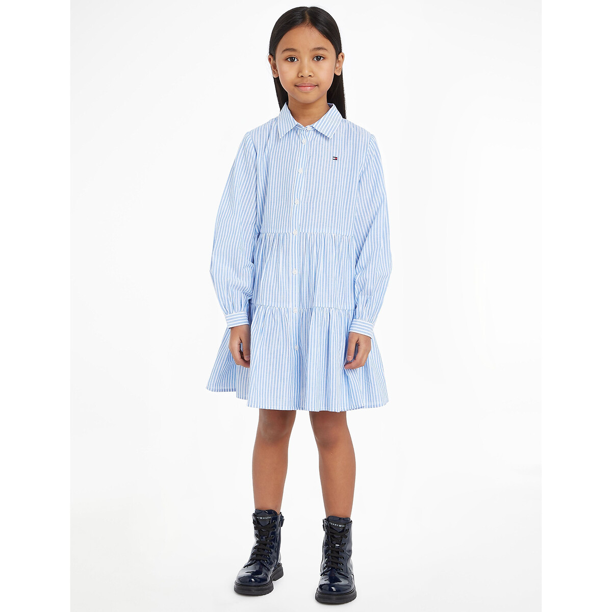 Image of Striped Ruffled Shirt Dress in Cotton Mix with Long Sleeves
