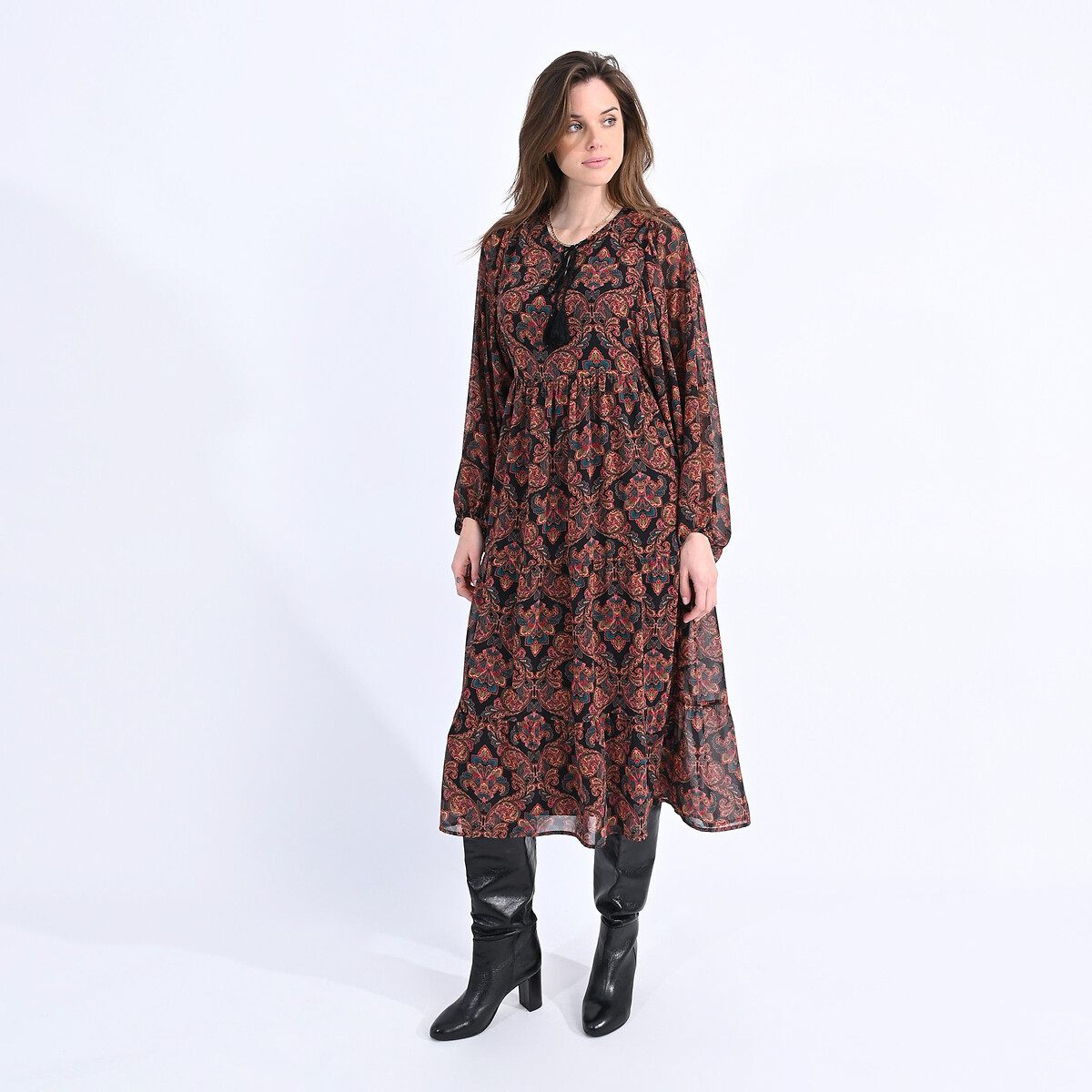 Printed Midaxi Dress with Long Sleeves