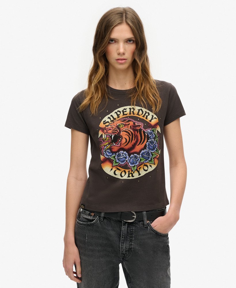 T-shirt ajusté à strass effet tatouage, SUPERDRY