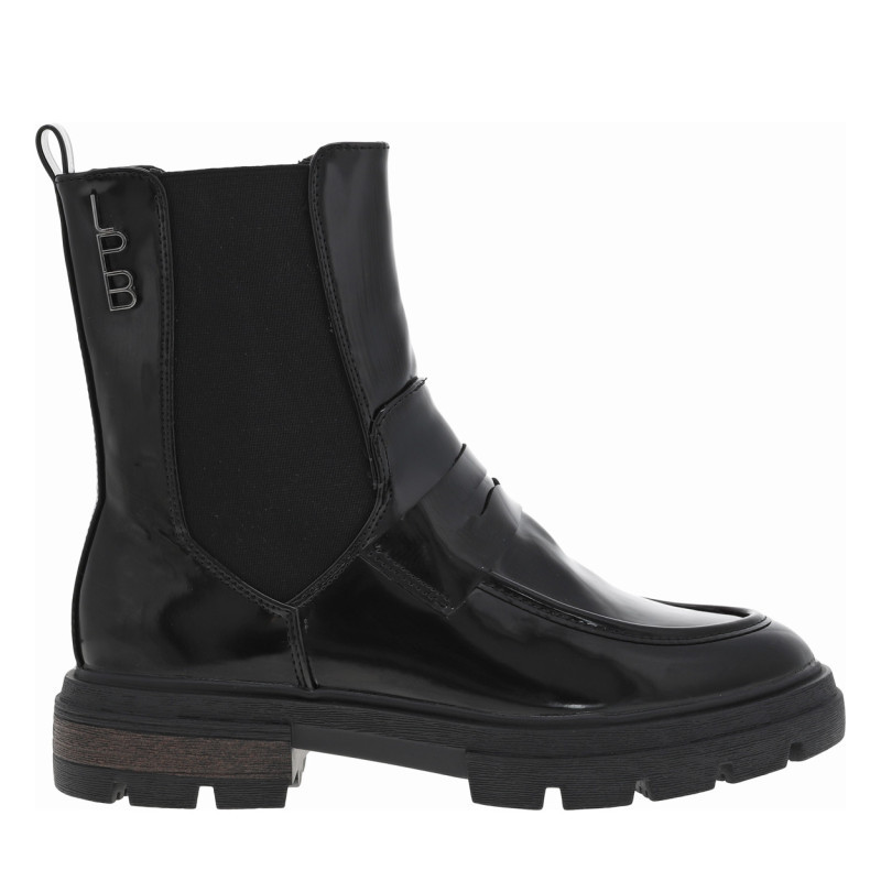 Bottines noires vernies avec bijou noir logotypé collé sur la tige, LPB Les P'tites Bombes
