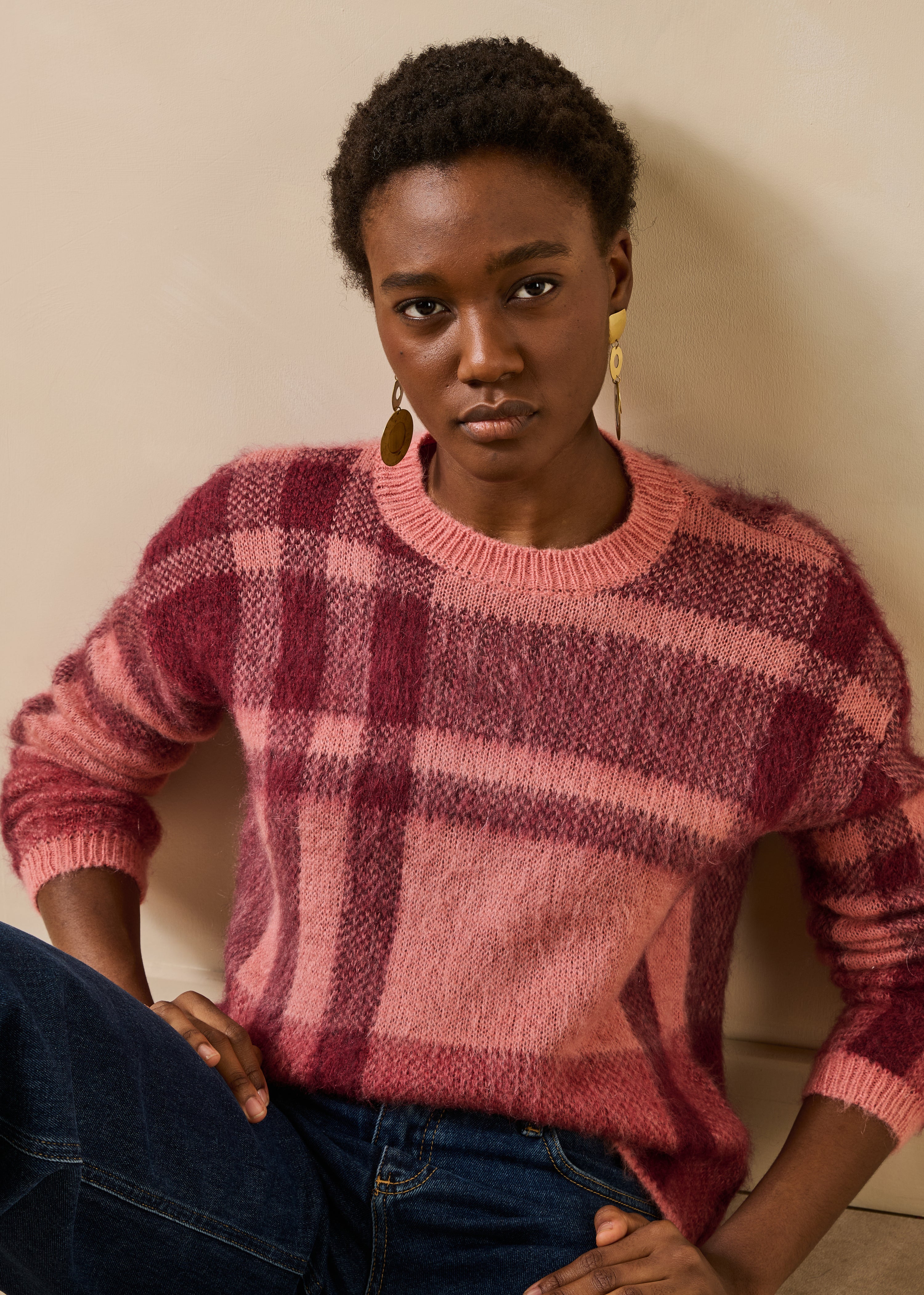 Pull manches longues en jacquard carreaux, LA FEE MARABOUTEE