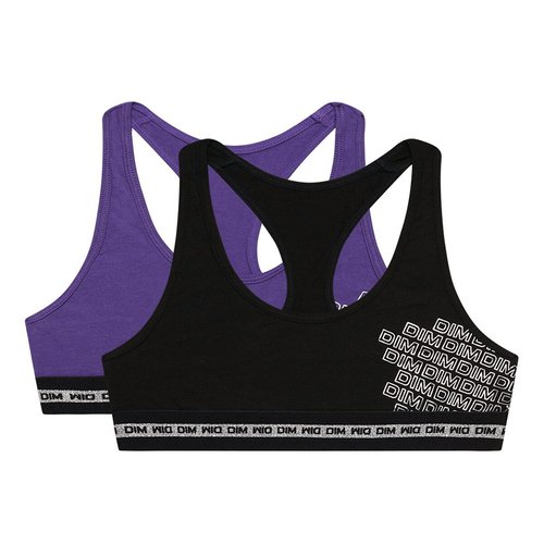 Pack of 2 sports bras in cotton, 10-16 years, black + purple, Dim