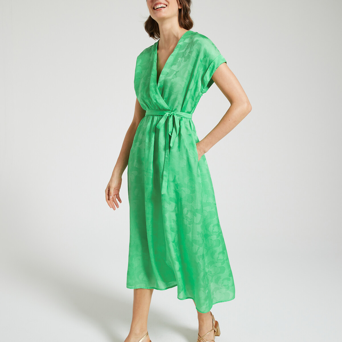 Image of Costa Jacquard Midi Dress with Short Sleeves
