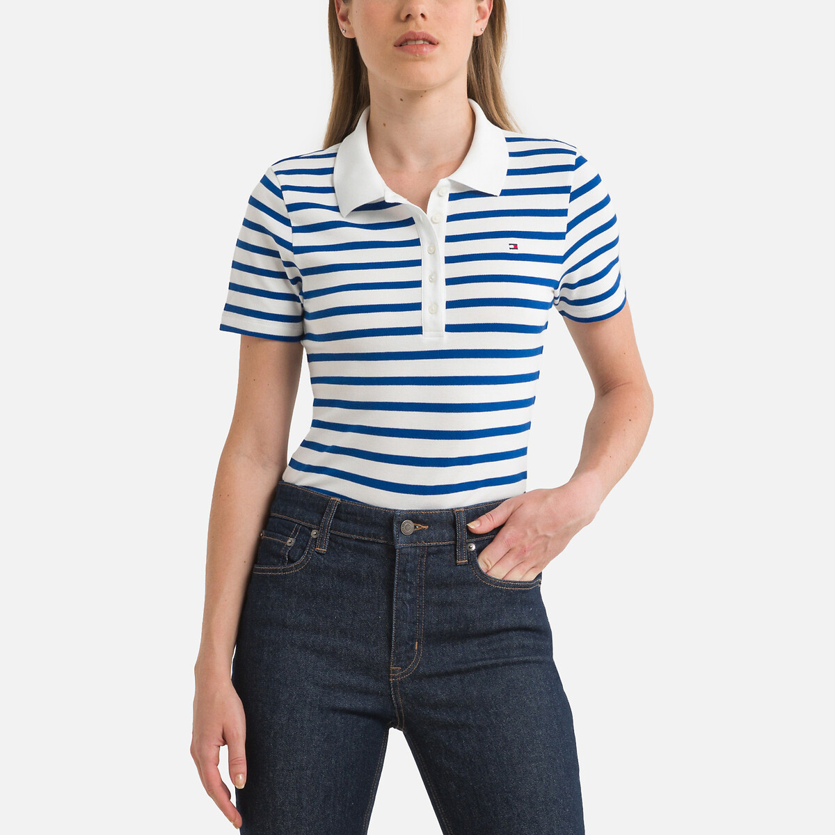 Striped Cotton Polo Shirt with Short Sleeves
