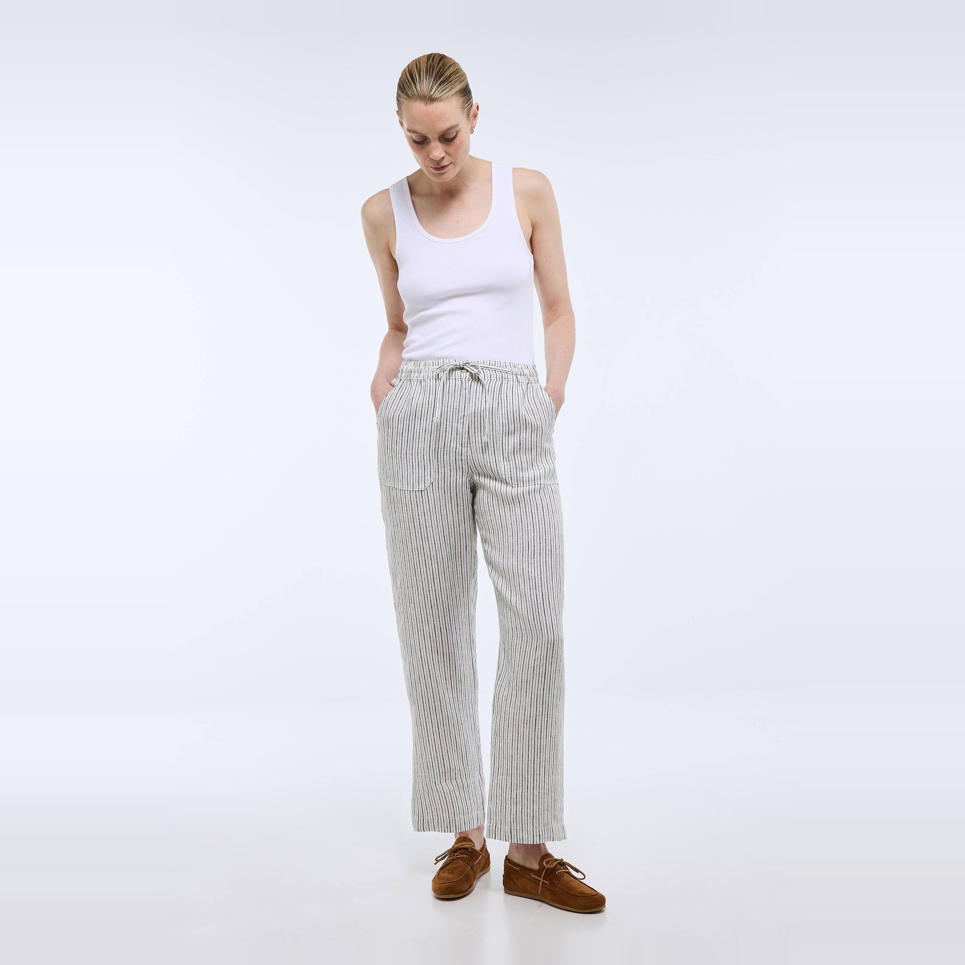 Pantalon taille semi élastiquée à rayures en lin, MONOPRIX