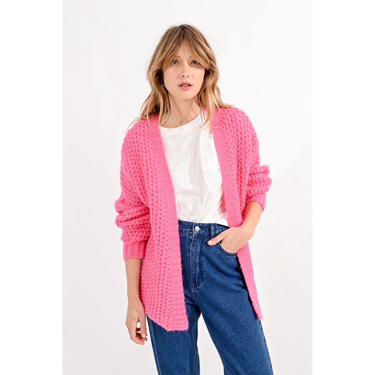 Gilet grosse maille rose best sale