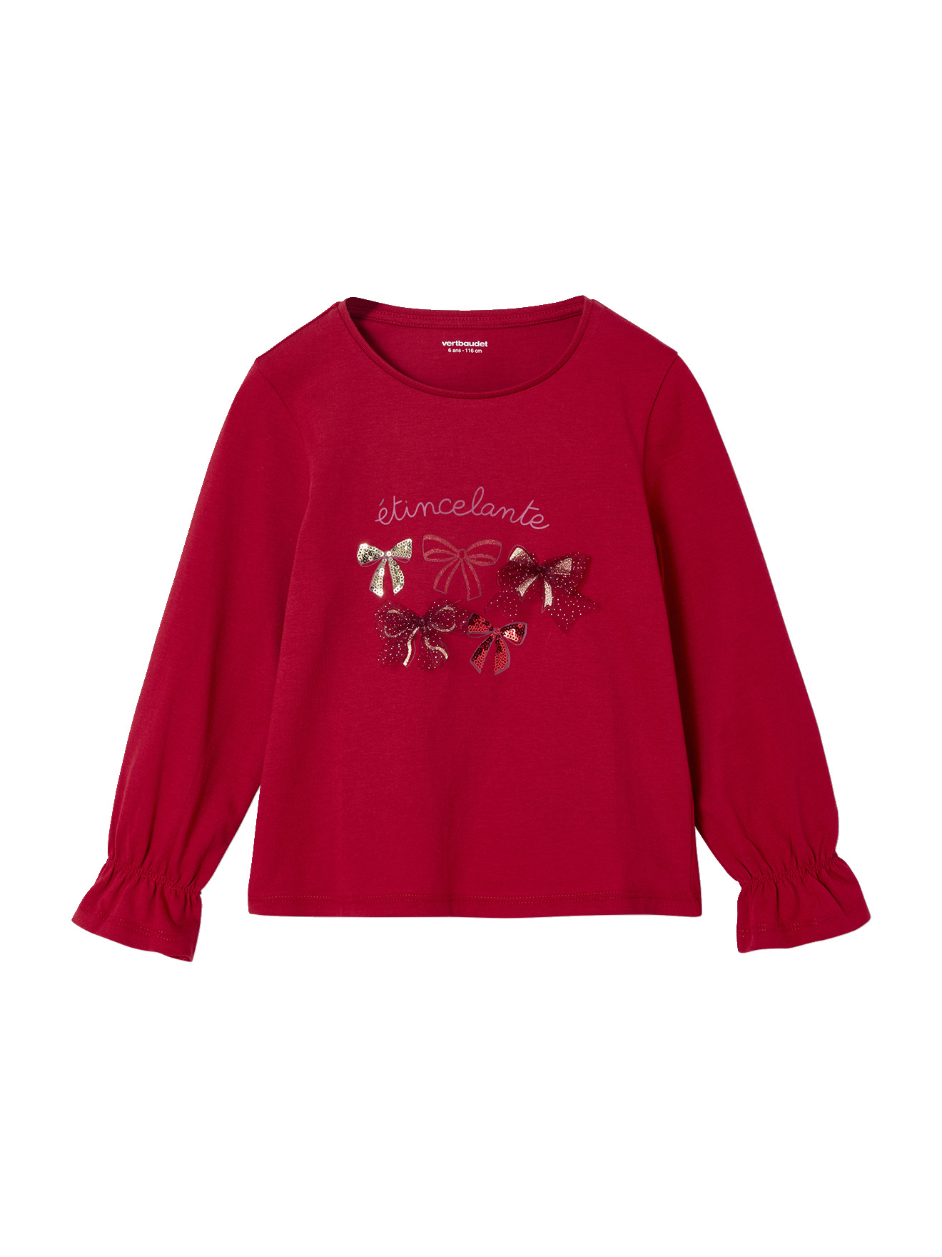 Tee-shirt noël noeud et détails glitter manches longues, VERTBAUDET