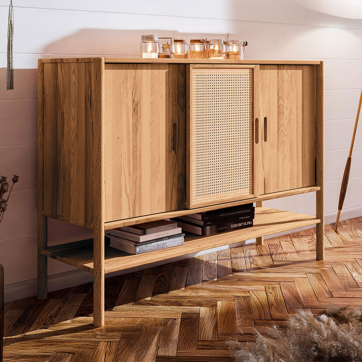 Buffet 142 cm 3 portes - Bois massif hêtre et rotin - SOGNO, MAISON AUBERTIN
