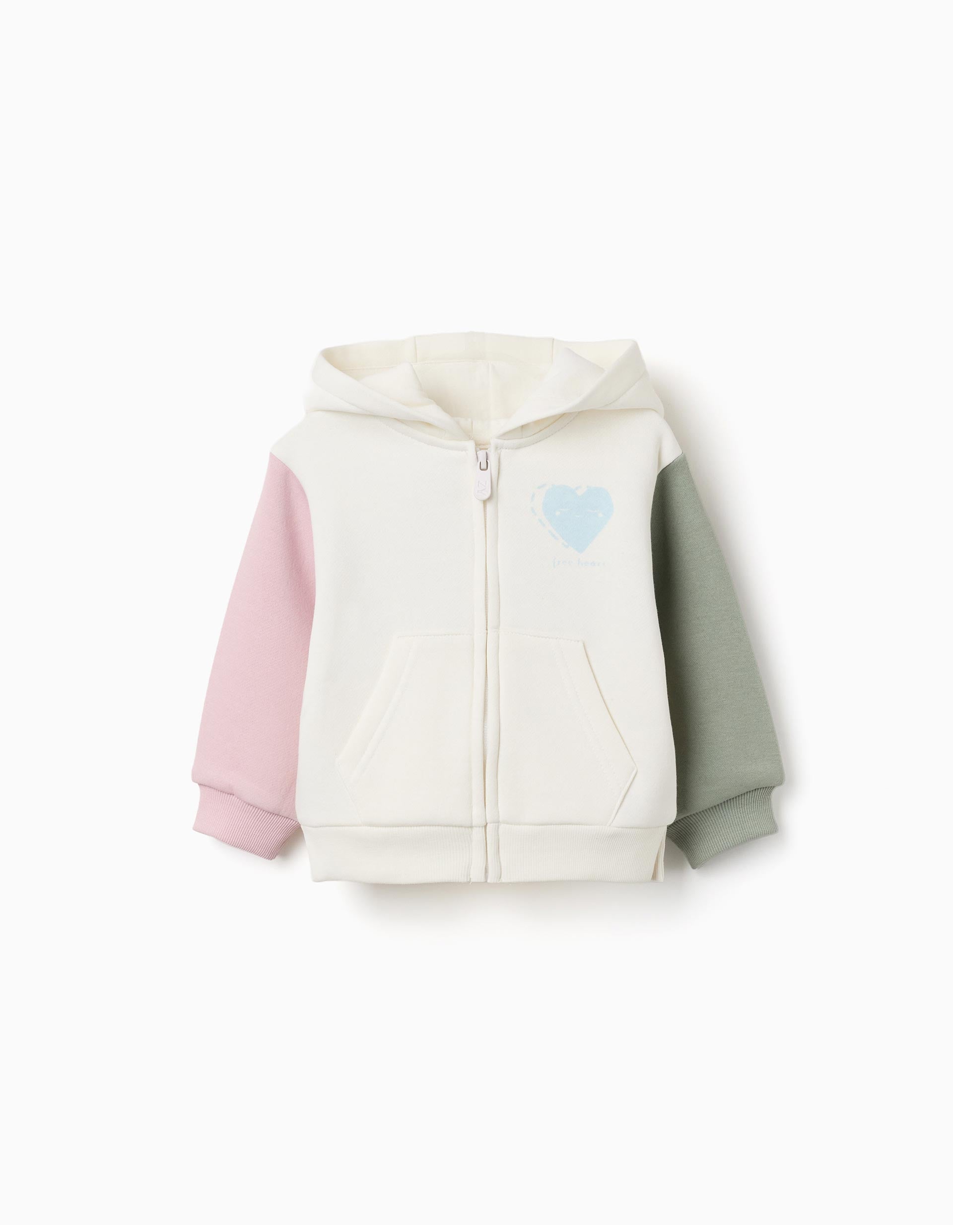 Sweat zippé en coton peigné à capuche avec imprimés cœurs, ZIPPY