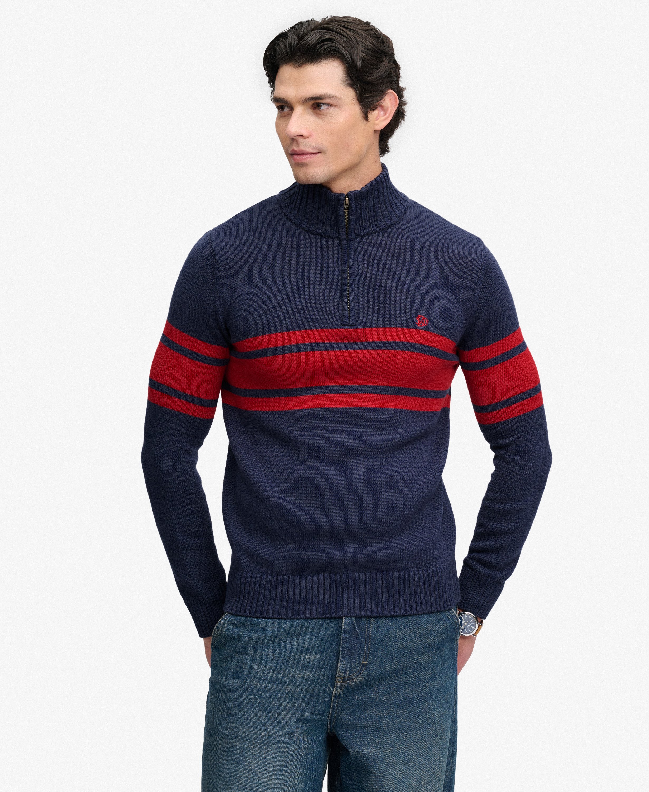 Pull Rayé Demi-Zip Coupe Ajustée, SUPERDRY