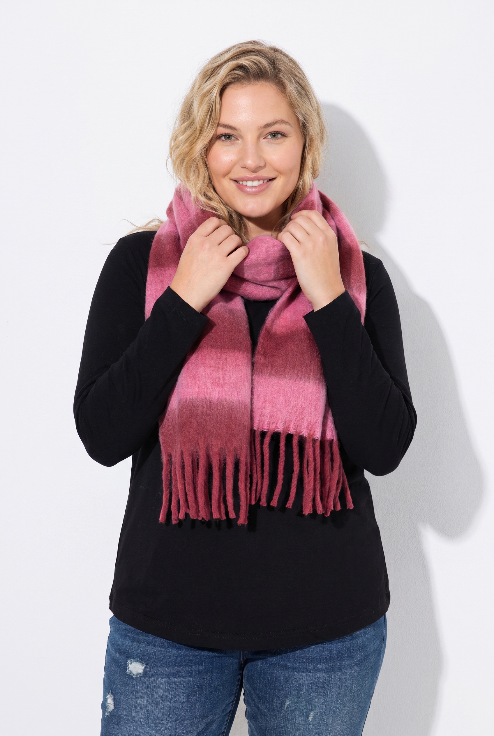 Écharpe en maille, rayures bicolores, franges, ULLA POPKEN