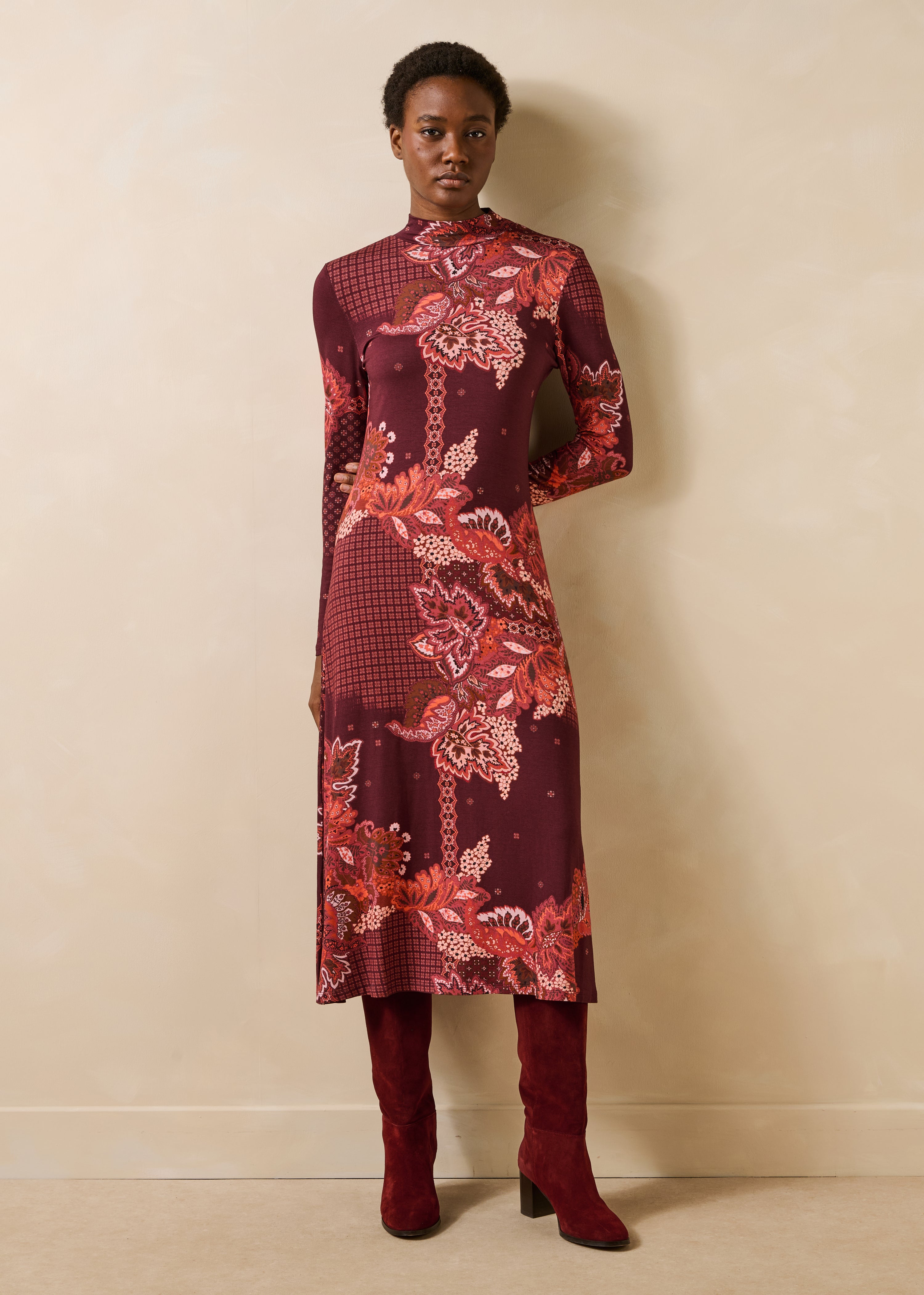 Robe longue imprimée manches longues col montant, LA FEE MARABOUTEE
