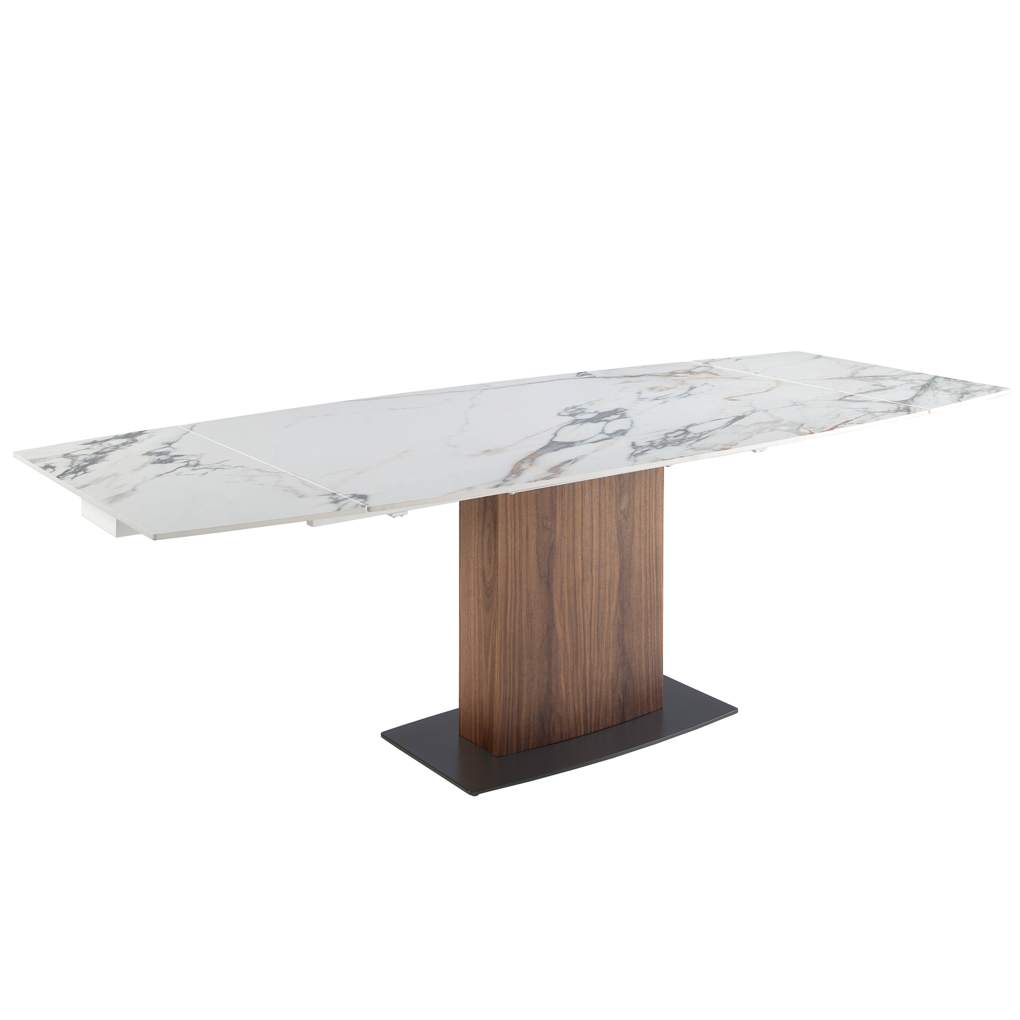 Table à manger à rallonge baril ovale marbre porcelaine et noyer, ANGEL CERDA