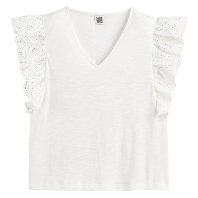 Cotton V-Neck T-Shirt with Embroidered, Ruffled Shoulders LA REDOUTE COLLECTIONS