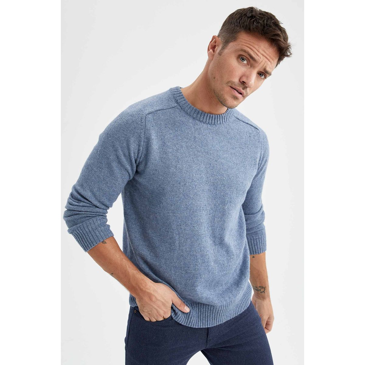 Pull col rond manches longues coupe relaxe gris Defacto | La Redoute