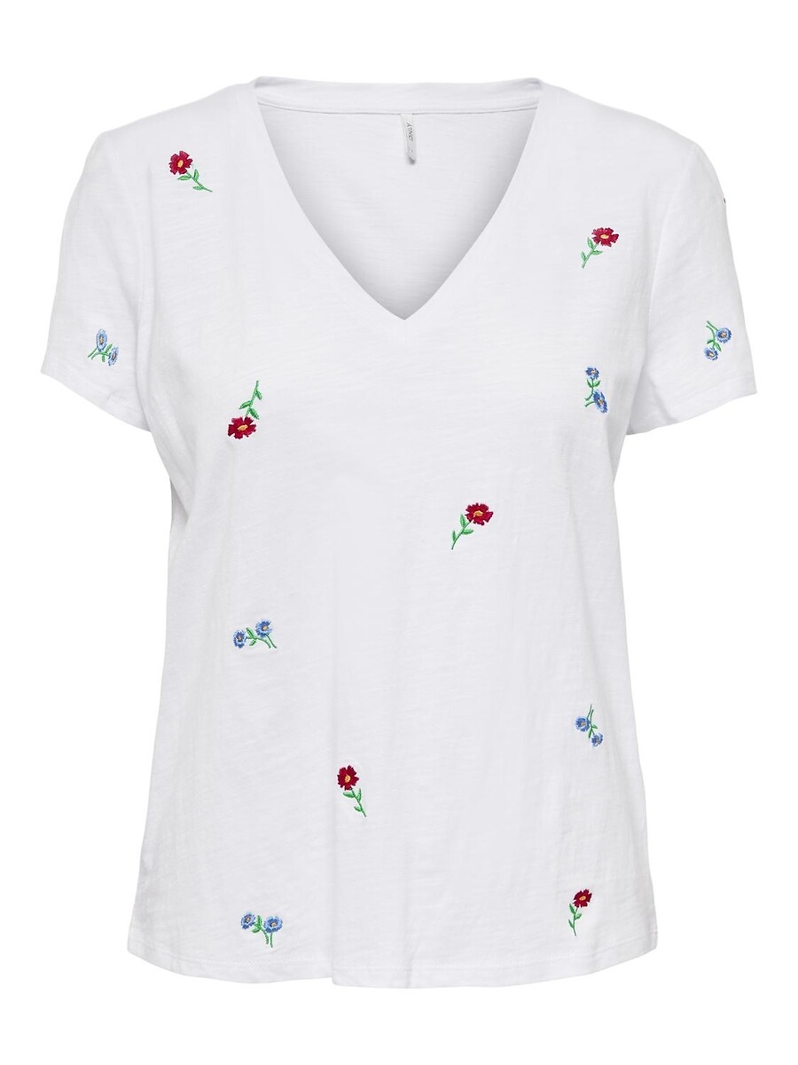 Embroidered Cotton V-Neck T-Shirt, ONLY