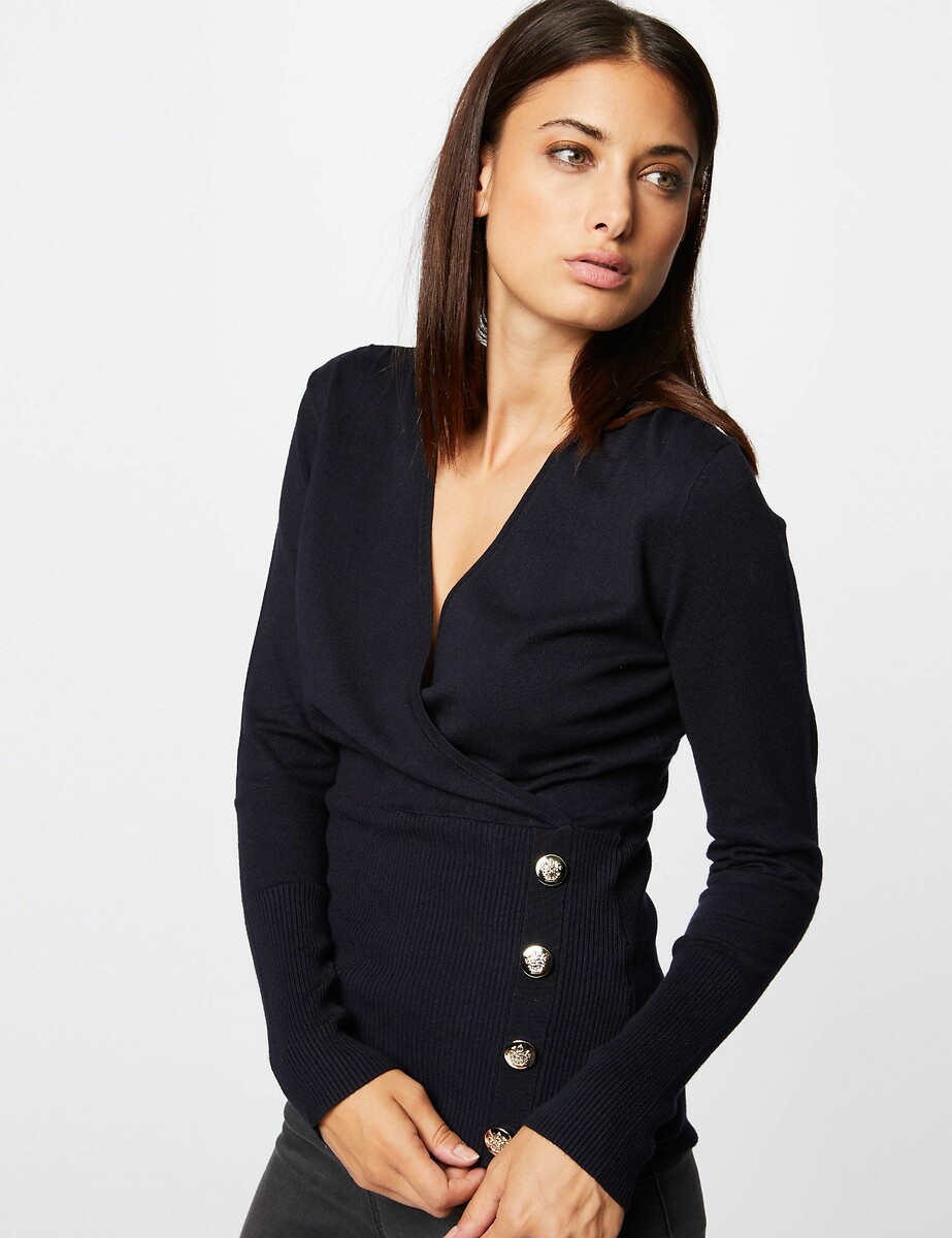 Long Sleeve Jumper with Wrapover Neck Effect, MORGAN