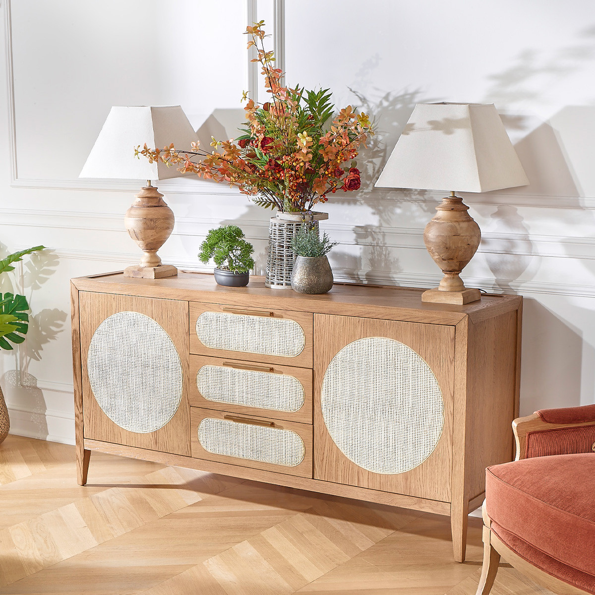 Buffet en chêne et cannage 2 portes et 3 tiroirs MONTANA, ROBIN DES BOIS