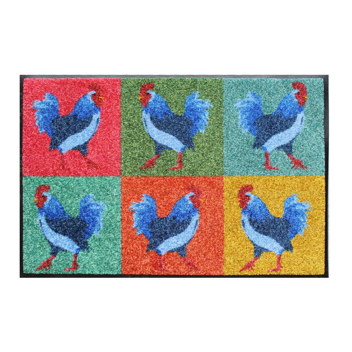 Tapis decor caoutchouc & nylon COQS POP ART, GARNIER THIEBAUT