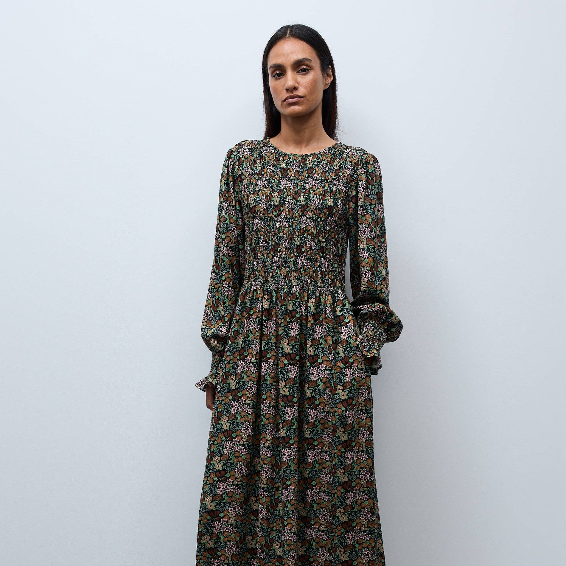 Robe midi smockée imprimée, MONOPRIX