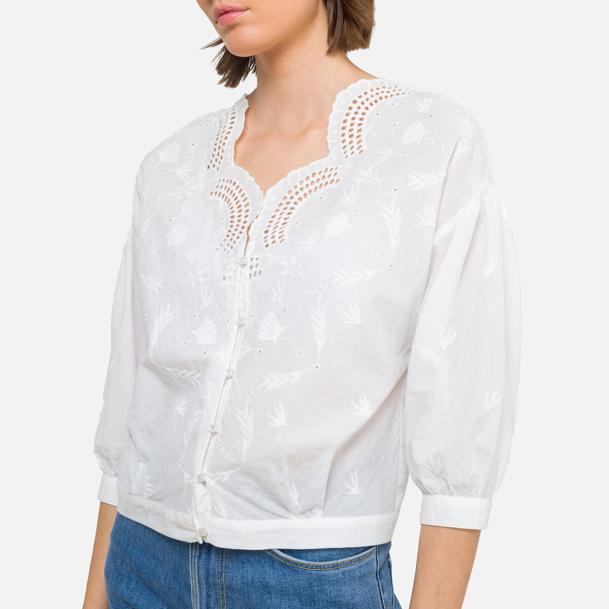 Cotton Broderie Anglaise Blouse with V-Neck