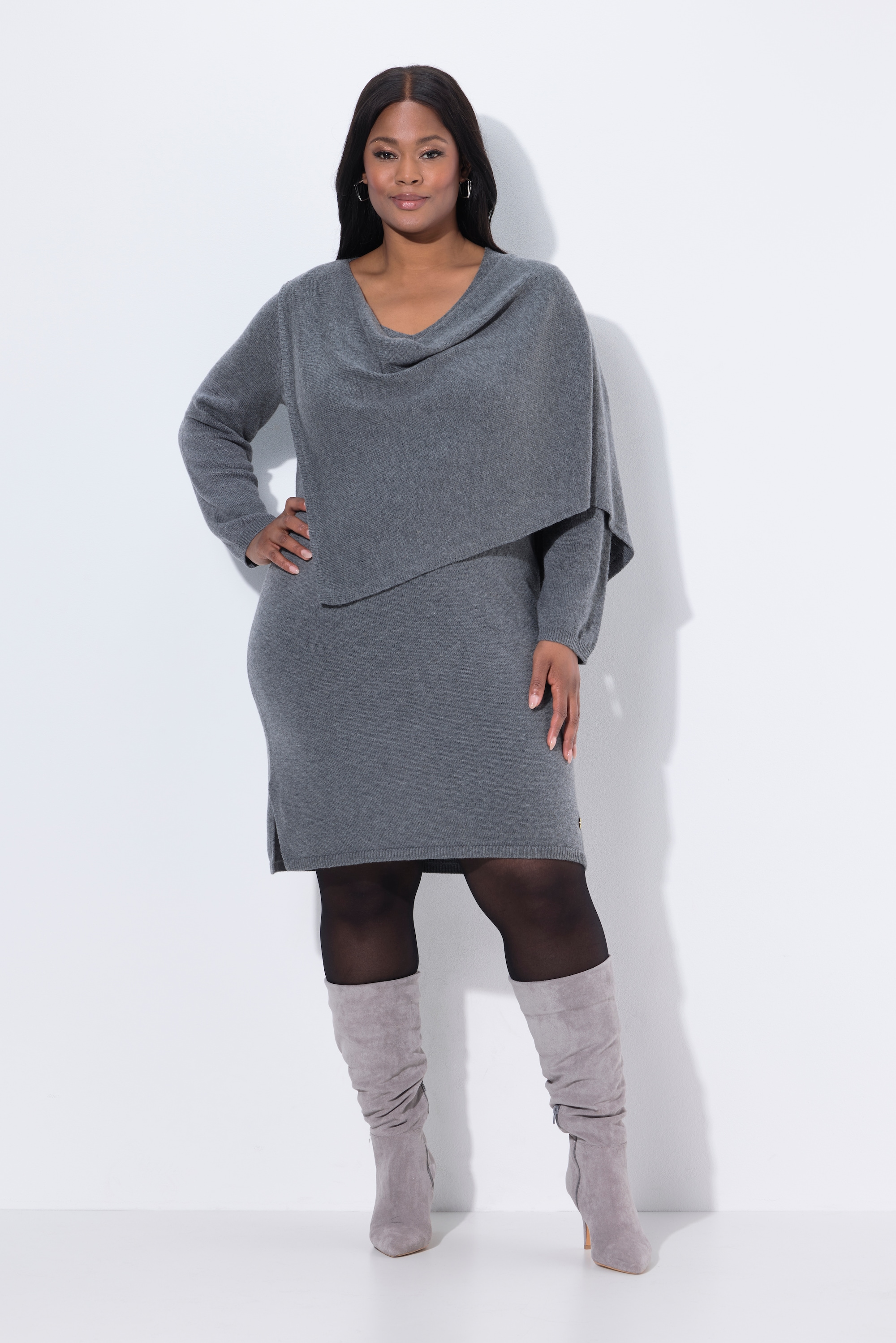 Robe en maille à col V et manches longues, ULLA POPKEN