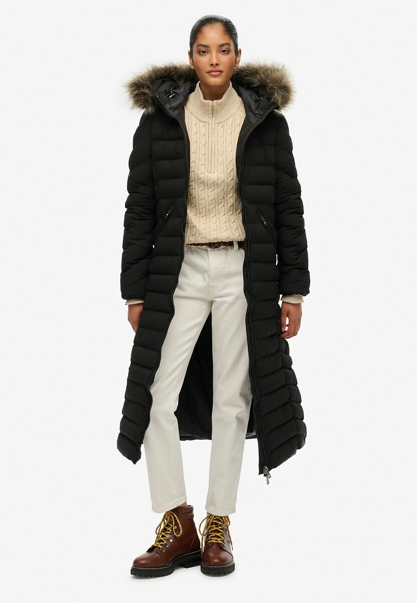 Fuji Long Hooded Jacket with Faux Fur Hood, SUPERDRY
