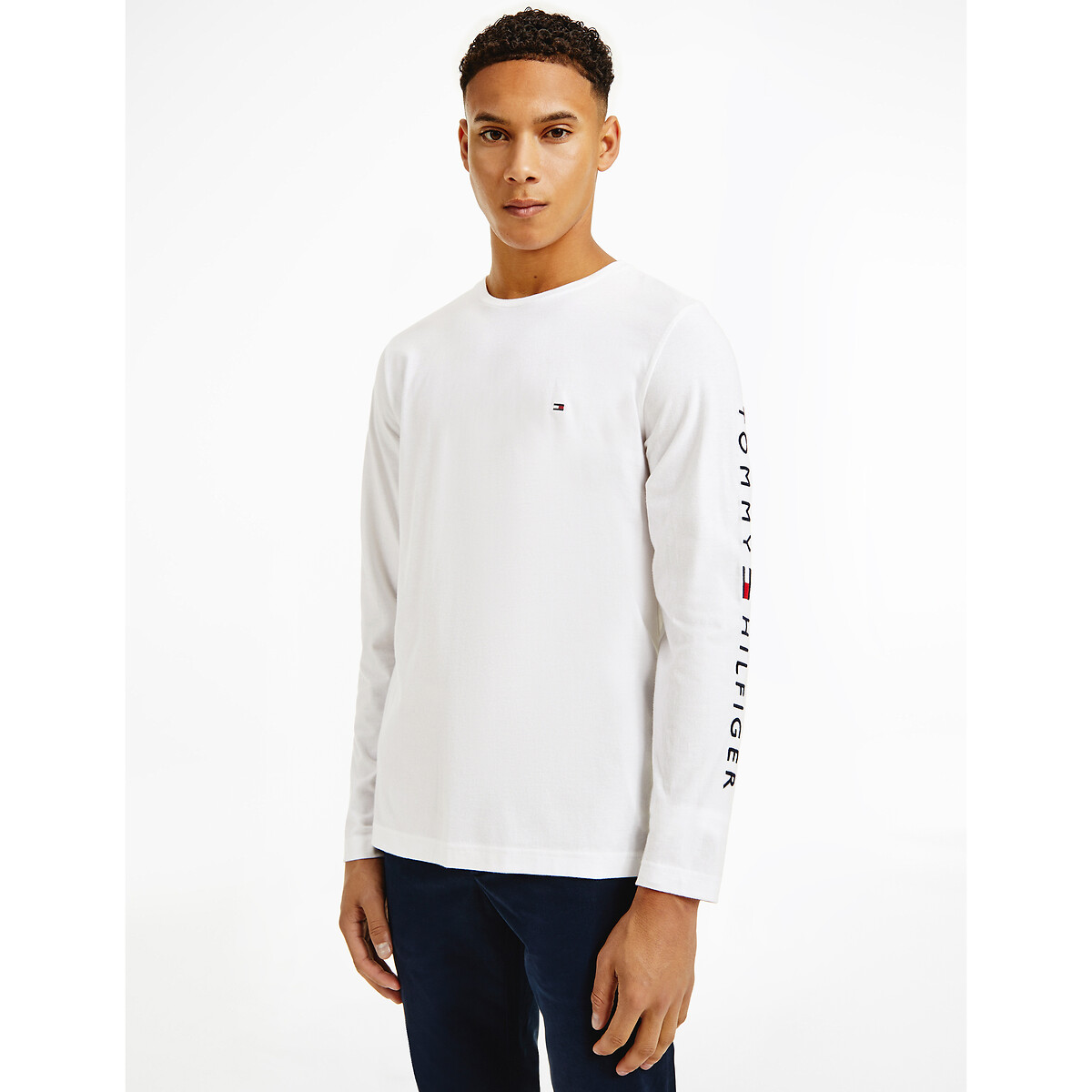 Image of Tommy Logo Organic Cotton T-Shirt with Long Sleeves