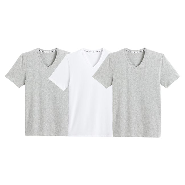 Pack of 3 T-Shirts with V-Neck in Organic Cotton, charcoal grey/pearl grey, DIM