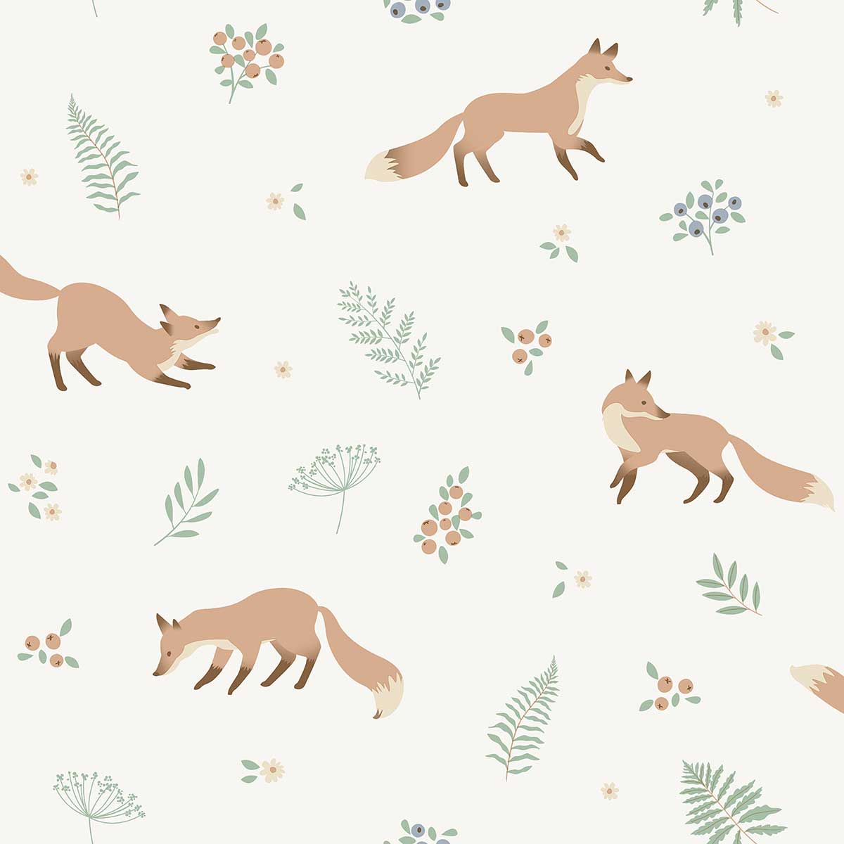 Papier peint renards et plantes forêt fond blanc, HEXOA