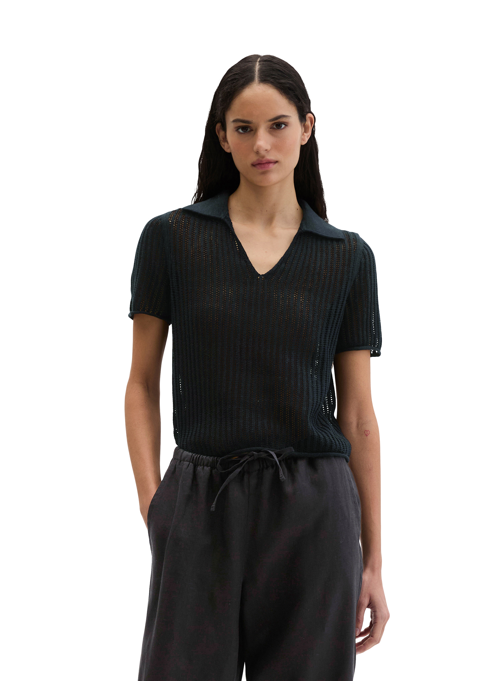 Polo en tricot ajouré régulier en mélange de coton et de lin bio, MARC O'POLO