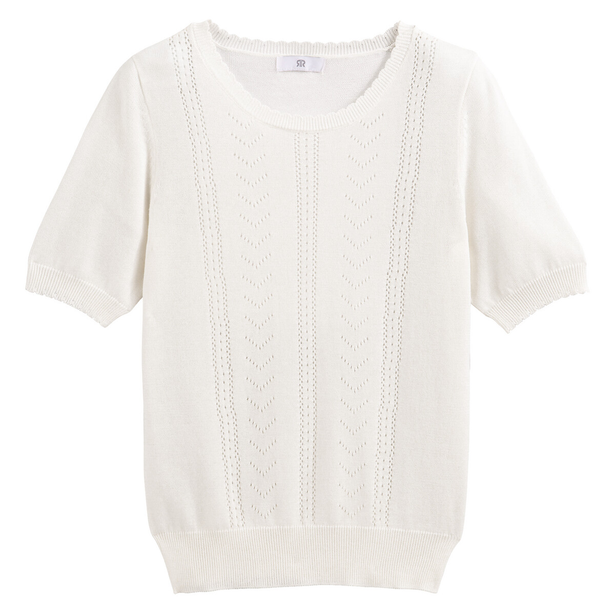 Recycled Cotton Mix Jumper in Fine Pointelle Knit with Short Sleeves