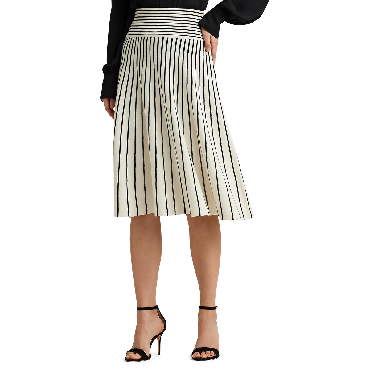 Image of Ayzolle Striped Full Skirt in Cotton Mix with High Waist