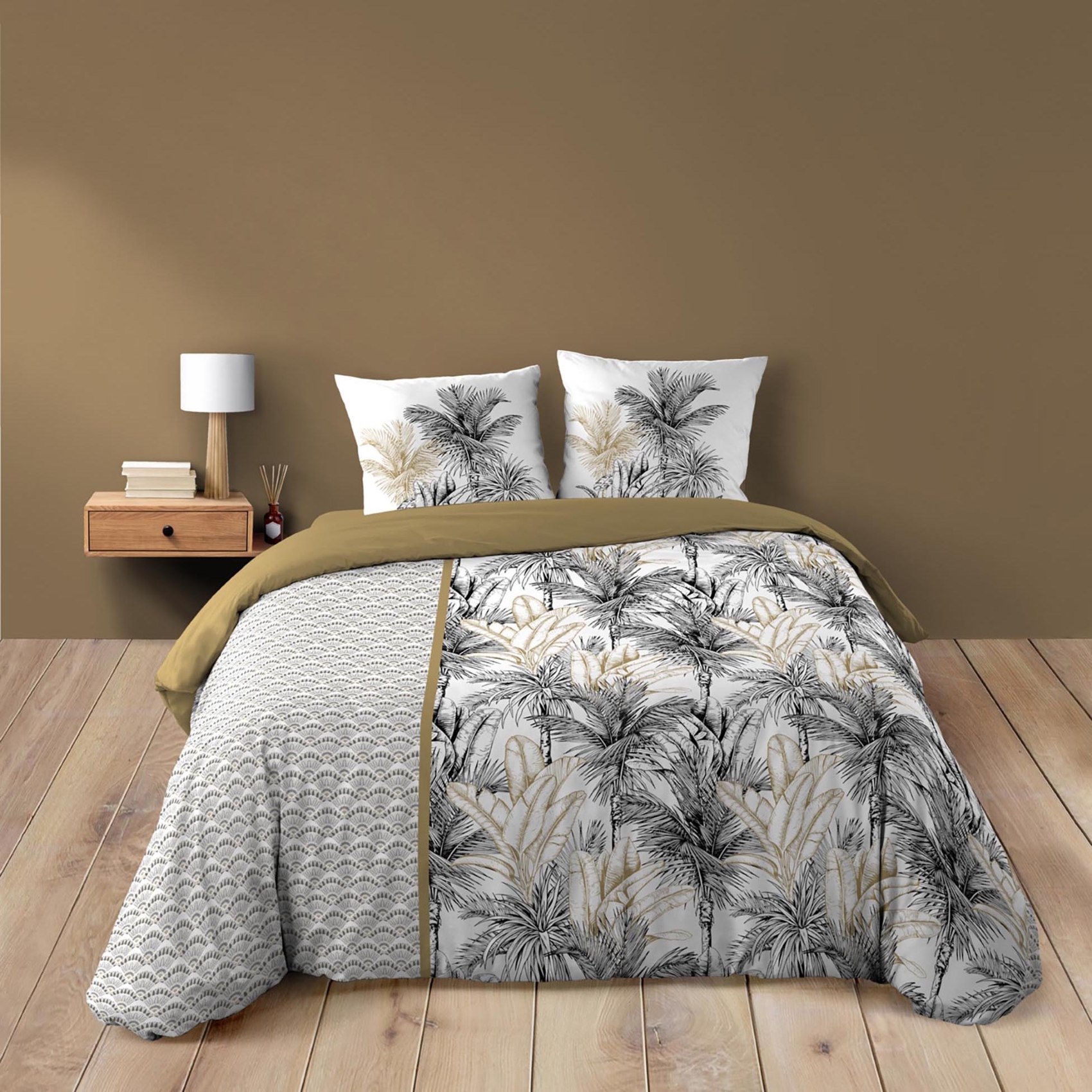 Parure de lit 3 pièces coton motif palmiers housse + 2 taies, DOUCEUR D'INTÉRIEUR