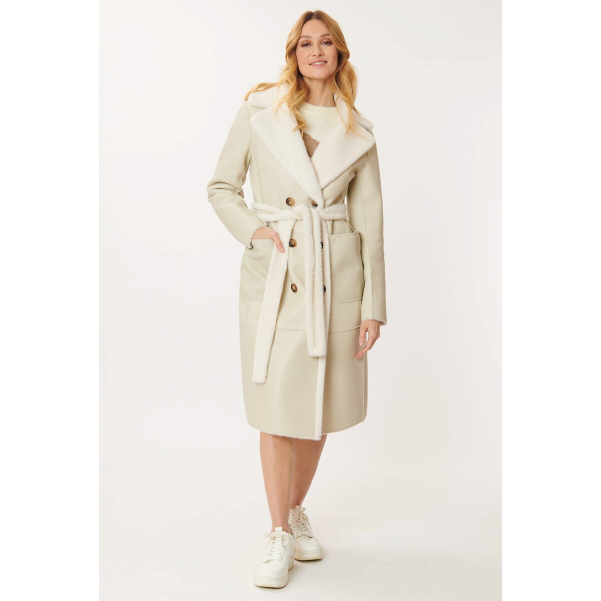 Long Winter Coat in Faux Leather with Button Fastening