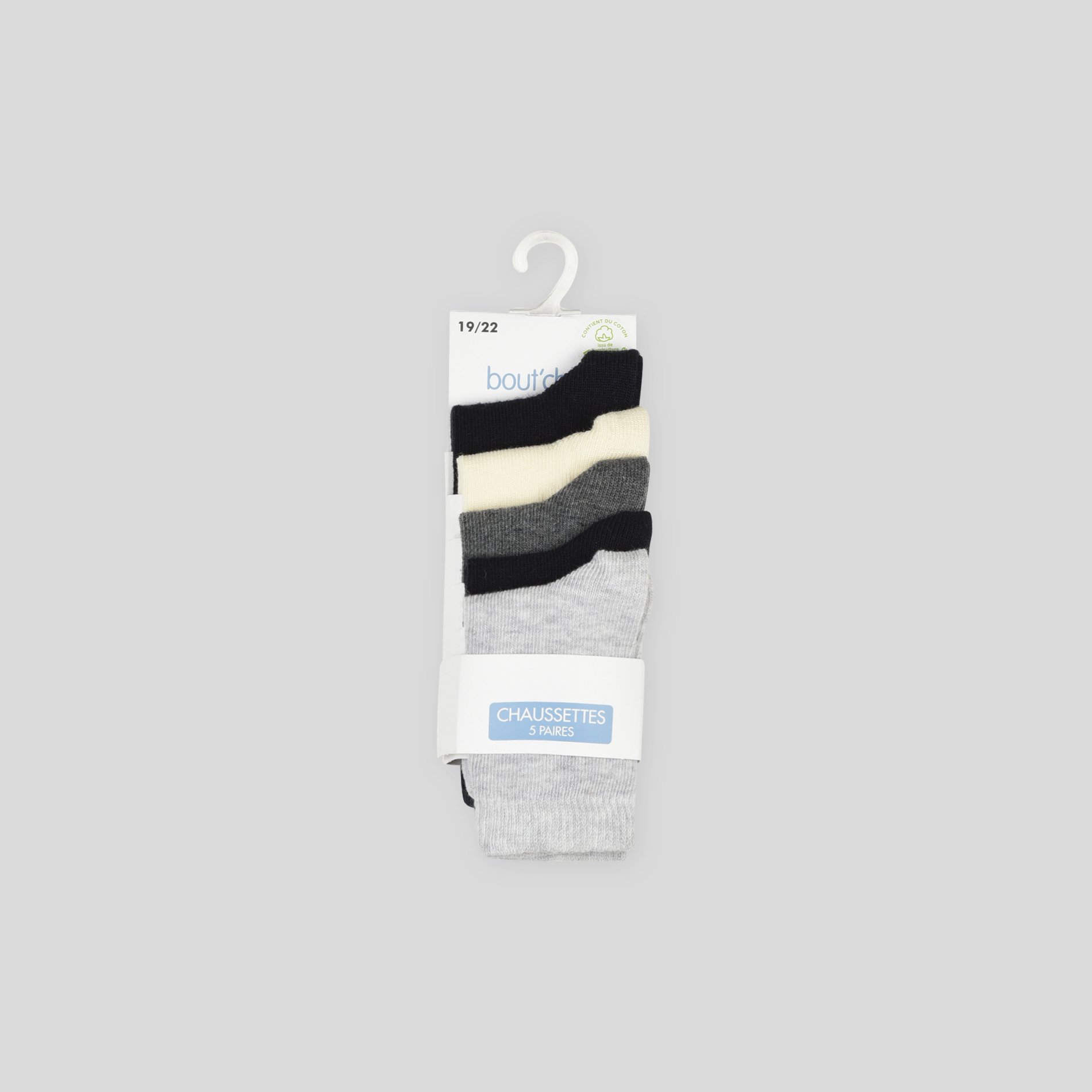 Lot de 5 paires de chaussettes unies contenant du coton BIO, BOUT'CHOU